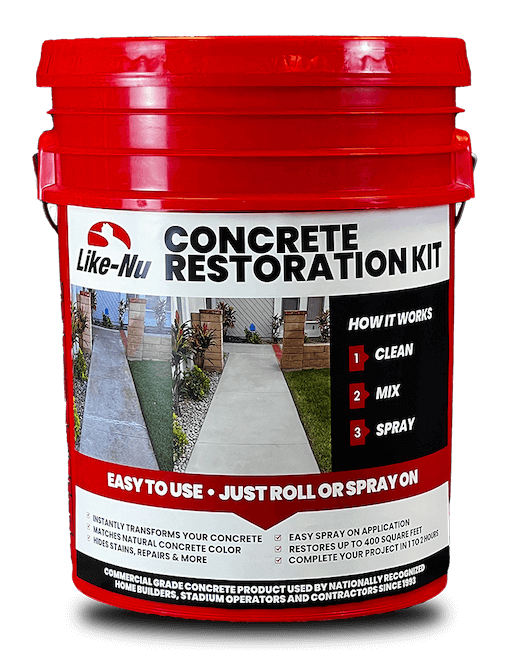 Red Like-Nu Concrete Restoration Kit bucket for DIY concrete resurfacing with easy roll or spray application instructions.